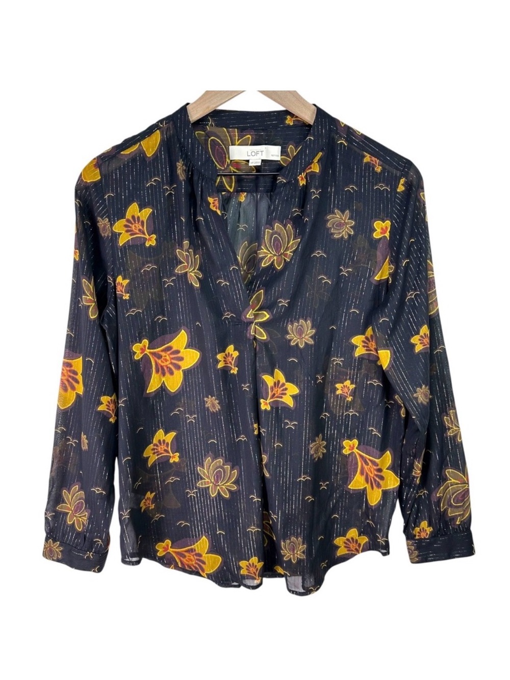 LOFT Petite Sheer Floral Blouse Black Yellow Stripe Long Sleeve Top‎ MP Medium